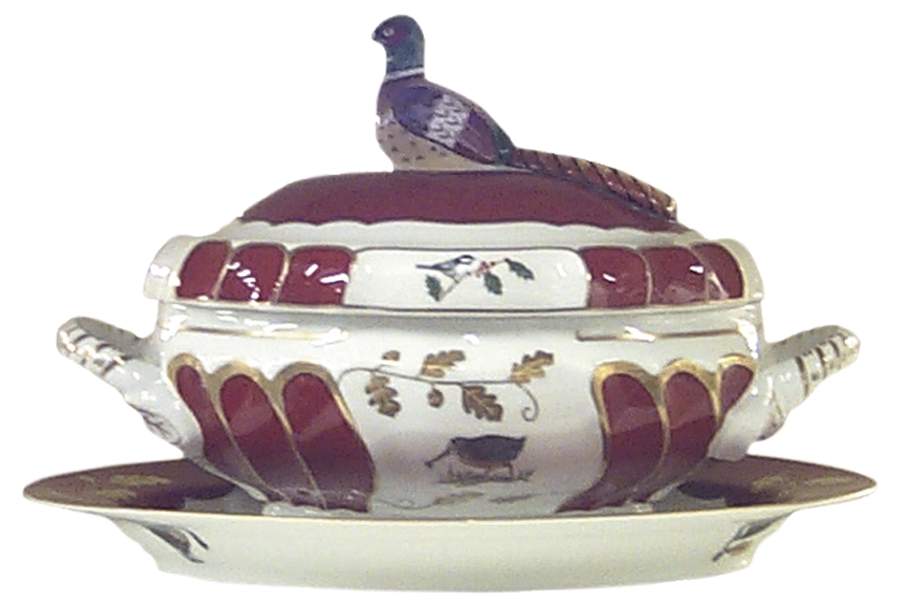 Winter Game Birds Red Oval Tureen & Lid on 14" Platter by Lynn Chase-1
