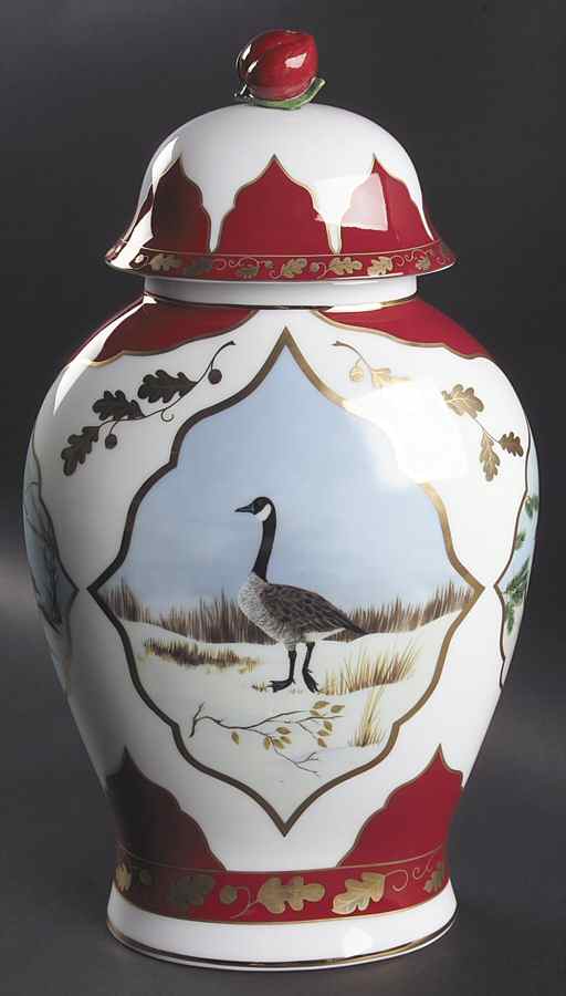 Winter Game Birds Red Large Ginger Jar & Lid by Lynn Chase-1
