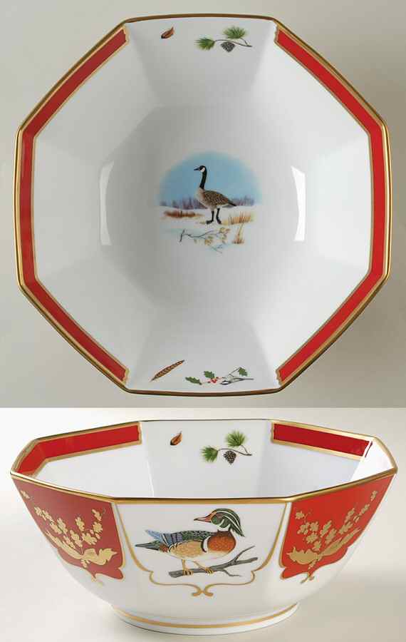 Winter Game Birds Red 10" Octagonal Vegetable Bowl by Lynn Chase-1