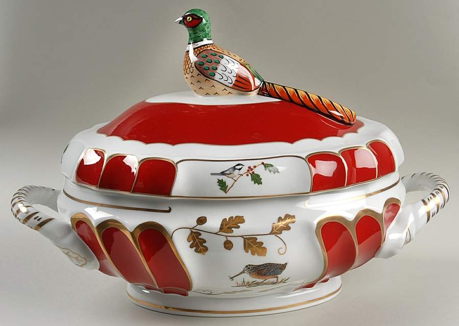 Winter Game Birds Red Oval Tureen & Lid by Lynn Chase-1