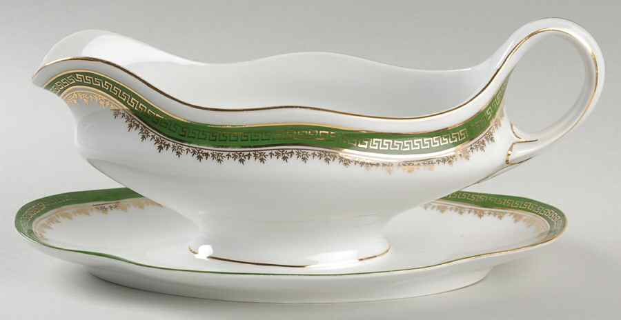 21170 Green (Altwasser) Gravy Boat with Attached Underplate by Carl Tielsch-1
