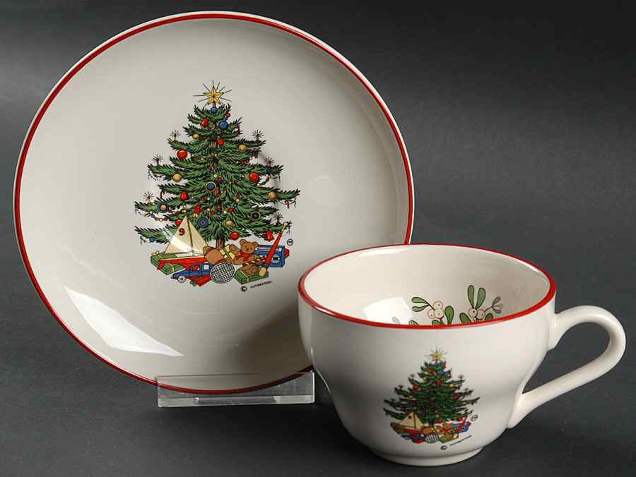 American Christmas Tree (Cream, Coupe) Flat Cup & Saucer Set by Cuthbertson-1