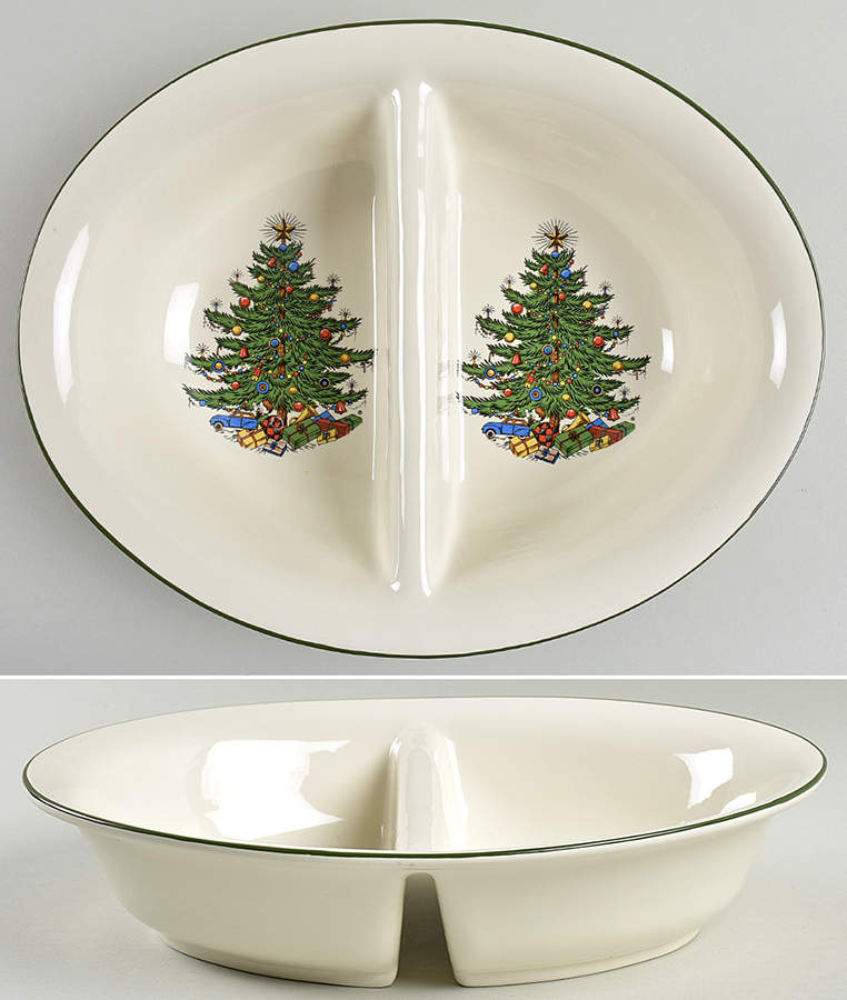 Christmas Tree (Narrow Green Band) 11" Oval Divided Vegetable Bowl by Cuthbertson-1