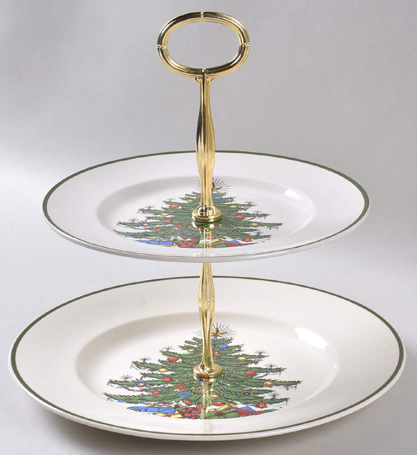 Christmas Tree (Narrow Green Band) 6 5/8"-10"  2 Tiered Serving Tray (Dp, Sp) HC by Cuthbertson-1