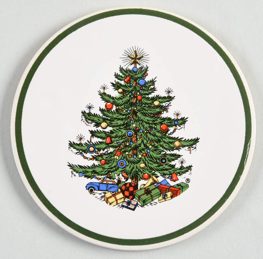 Christmas Tree (Narrow Green Band) Round Wood Coaster with Felt Back by Cuthbertson-1