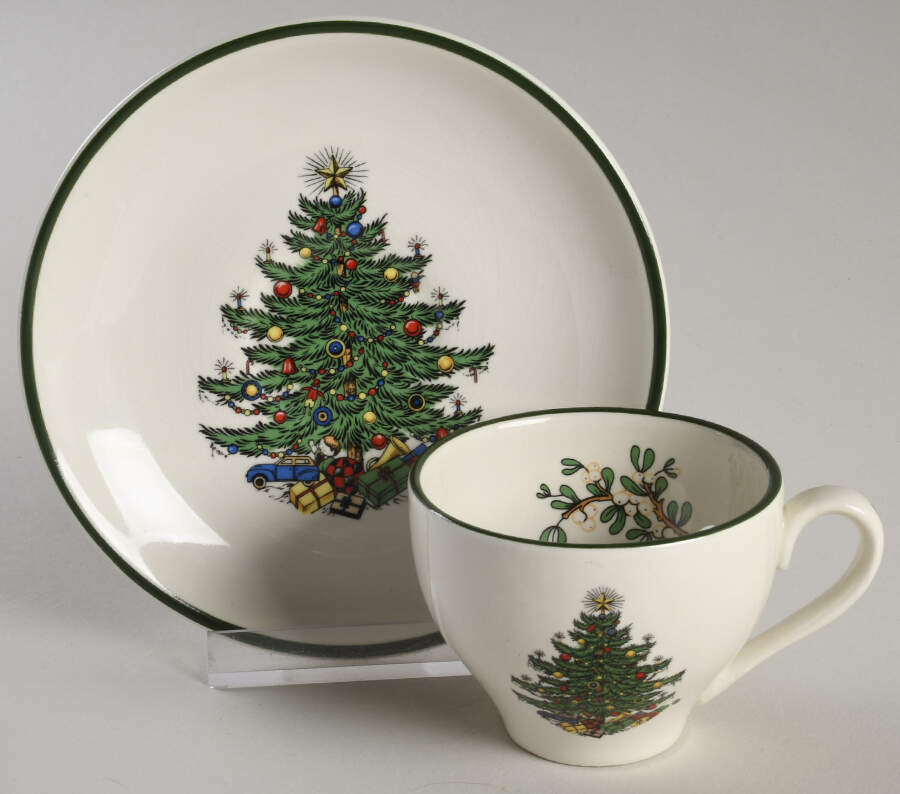 Christmas Tree (Narrow Green Band) Flat Demitasse Cup & Saucer Set by Cuthbertson-1