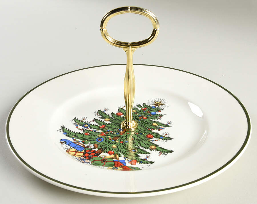 Christmas Tree (Narrow Green Band) Round Serving Plate with Center Handle (Dp) Hc by Cuthbertson-1