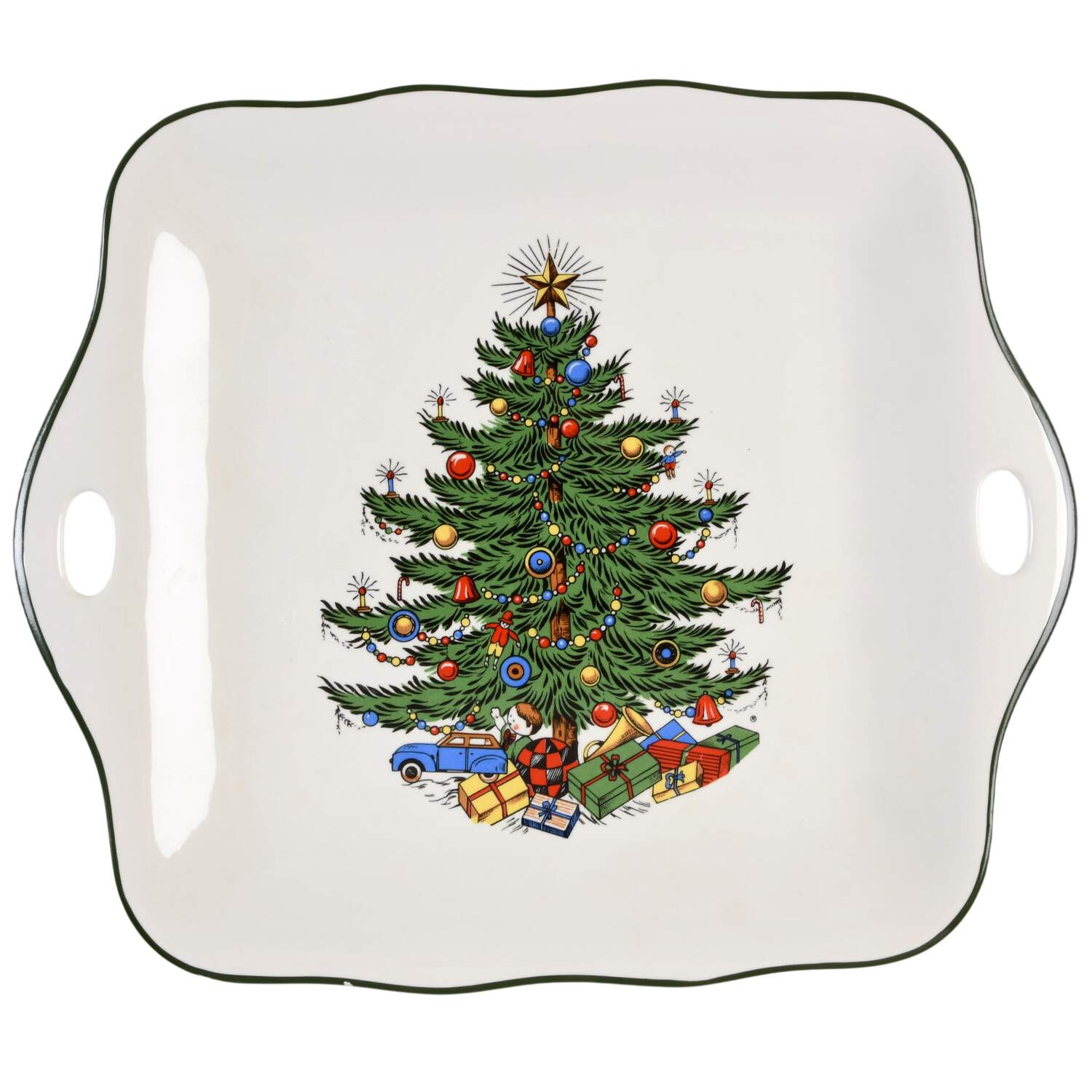 Christmas Tree (Narrow Green Band) Square Handled Cake Plate by Cuthbertson-1
