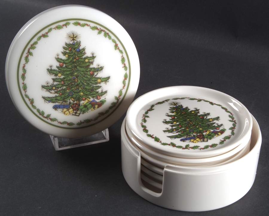 Christmas Tree (Narrow Green Band) 8 Pc Plastic Coaster Set (6 Coasters & Round Box) by Cuthbertson-1