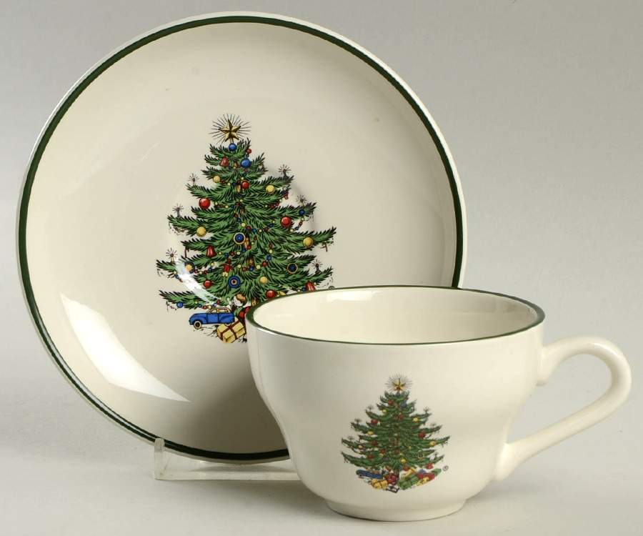 Christmas Tree (Narrow Green Band) Flat Cup & Saucer Set by Cuthbertson-1