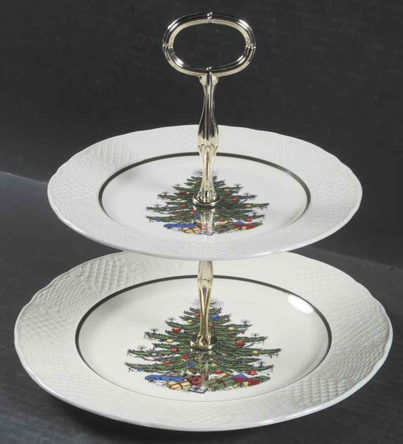 Christmas Tree (Narrow Green Band) 2 Tiered Serving Tray (Dinner & Salad Plate) by Cuthbertson-1