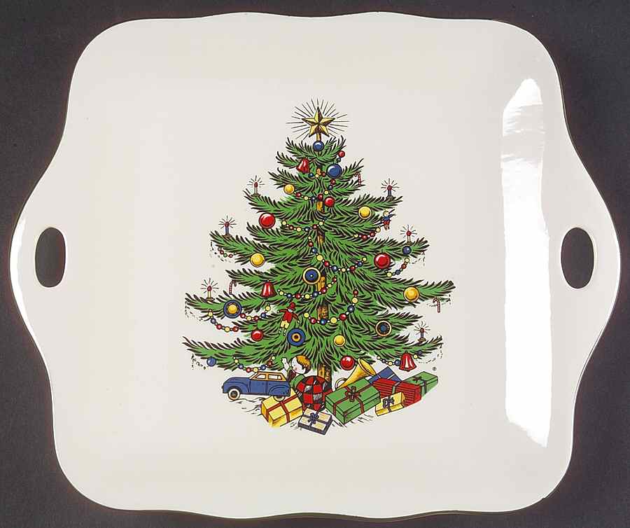 Christmas Tree (Narrow Green Band) Square Handled Cake Plate by Cuthbertson-1