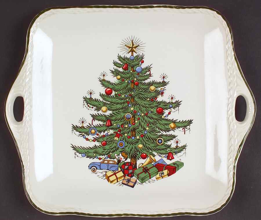 Christmas Tree (Narrow Green Band) Square Handled Cake Plate by Cuthbertson-1