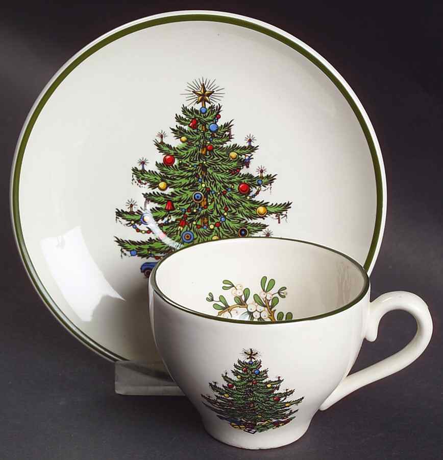 Christmas Tree (Narrow Green Band) Flat Demitasse Cup & Saucer Set by Cuthbertson-1