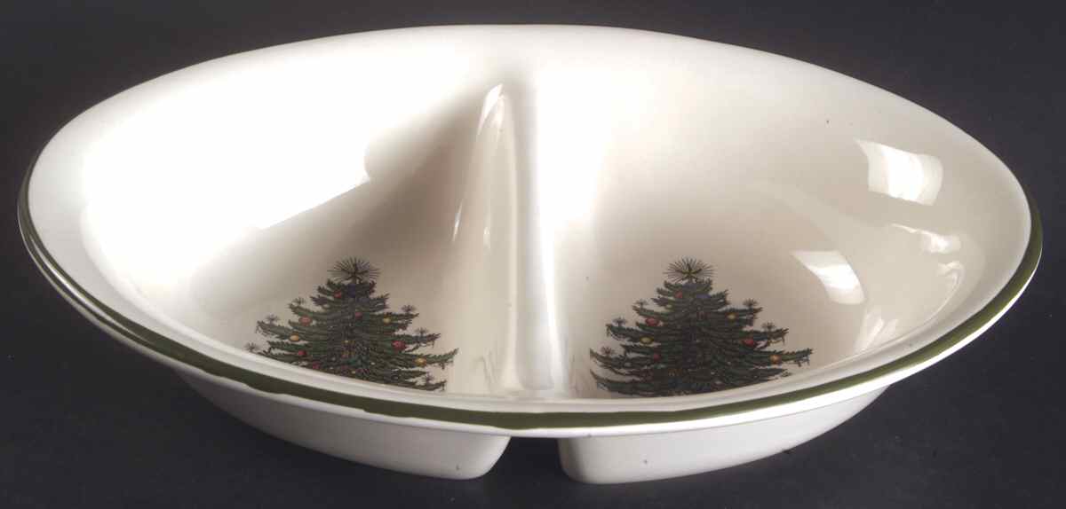 Christmas Tree (Narrow Green Band) 9" Oval Divided Vegetable Bowl by Cuthbertson-1