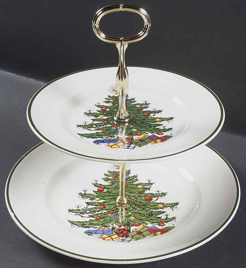 Christmas Tree (Narrow Green Band) 2 Tiered Serving Tray (Dinner & Salad Plate) by Cuthbertson-1