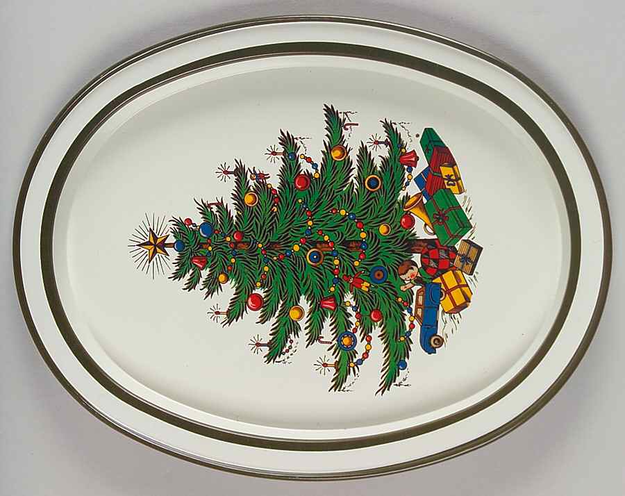 Christmas Tree (Narrow Green Band) Metal Oval Tray by Cuthbertson-1