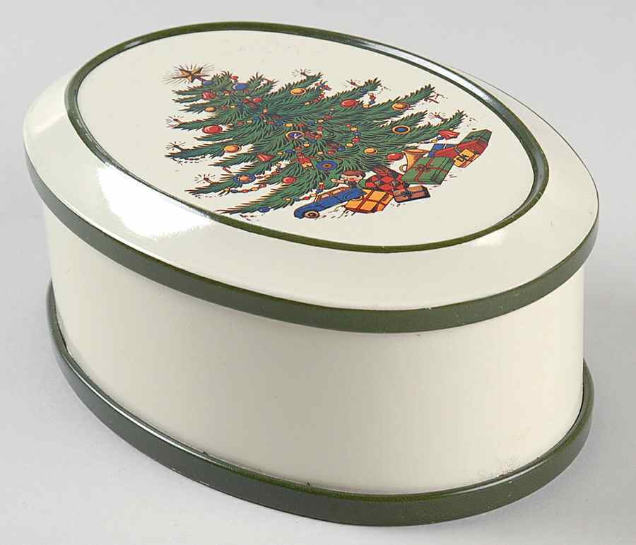 Christmas Tree (Narrow Green Band) Metal Oval Box W/Lid by Cuthbertson-1