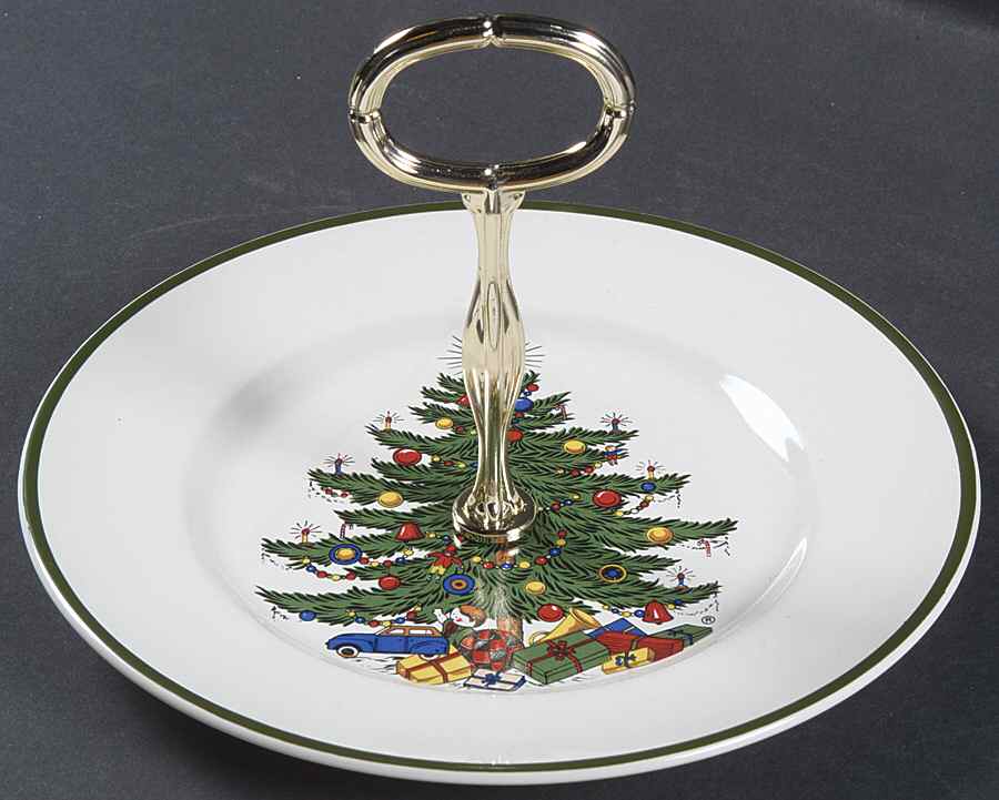 Christmas Tree (Narrow Green Band) Round Serving Plate with Handle (SP) by Cuthbertson-1