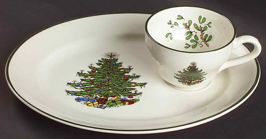 Christmas Tree (Narrow Green Band) Snack Plate & Cup Set by Cuthbertson-1
