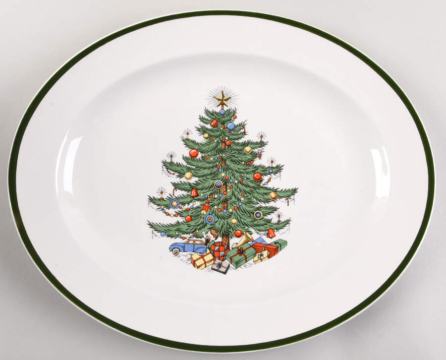 Christmas Tree (Wide Green Band) 14" Oval Serving Platter by Cuthbertson-1