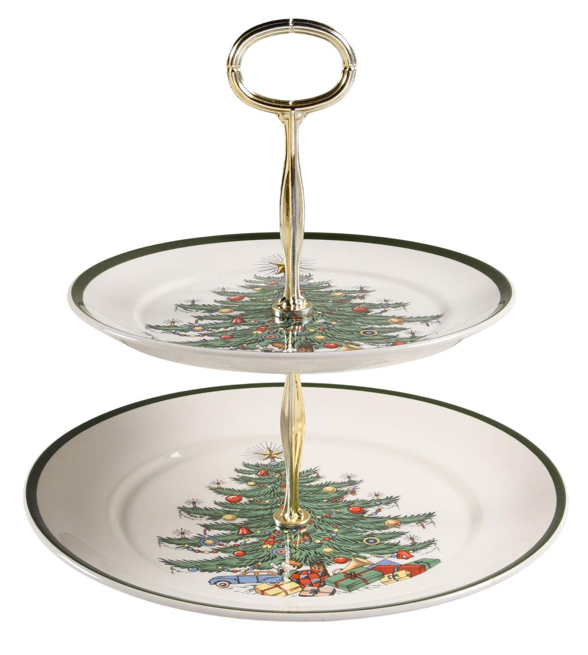 Christmas Tree (Wide Green Band) 6 5/8"-10"  2 Tiered Serving Tray (Dp, Sp) HC by Cuthbertson-1