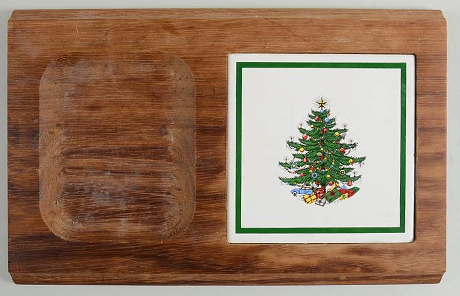Christmas Tree (Wide Green Band) 14" Rectangular Wood Cheese Tray W/Ceramic Tile by Cuthbertson-1