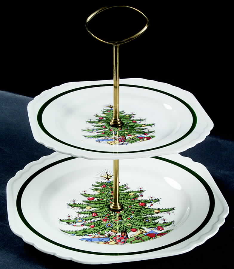 Christmas Tree (Wide Green Band) 2 Tiered Serving Tray (Dinner & Salad Plate) by Cuthbertson-1