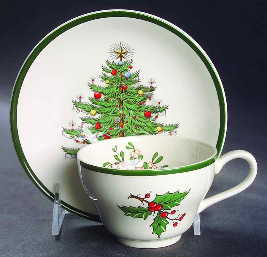 Christmas Tree (Wide Green Band) Footed Cup & Saucer Set by Cuthbertson-1