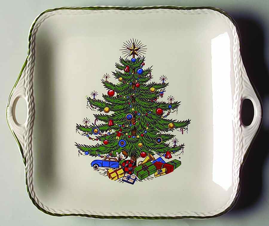 Christmas Tree (Wide Green Band) Square Handled Cake Plate by Cuthbertson-1