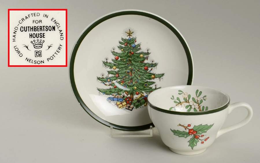 Christmas Tree (Wide Green Band) Footed Cup & Saucer Set by Cuthbertson-1