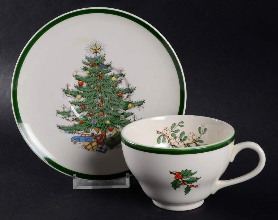 Christmas Tree (Wide Green Band) Footed Cup & Saucer Set by Cuthbertson-1