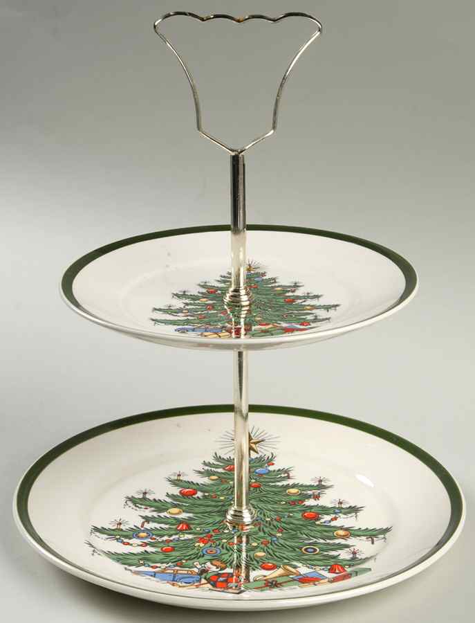 Christmas Tree (Wide Green Band) 2-Tiered Serving Tray (Salad & Bread/Butter Plate) by Cuthbertson-1