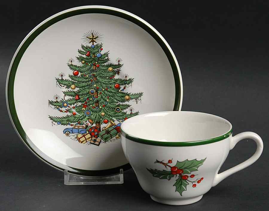 Christmas Tree (Wide Green Band) Footed Cup & Saucer Set by Cuthbertson-1