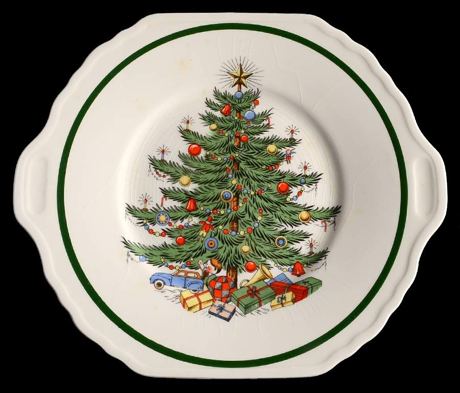 Christmas Tree (Wide Green Band) Square Handled Cake Plate by Cuthbertson-1