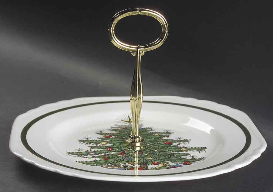 Christmas Tree (Wide Green Band) Square Serving Plate W/Handle (DPS) by Cuthbertson-1