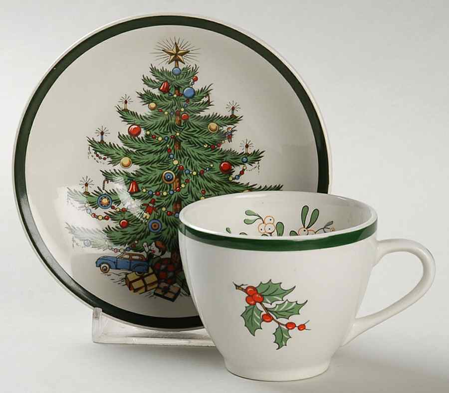 Christmas Tree (Wide Green Band) Flat Demitasse Cup & Saucer Set by Cuthbertson-1