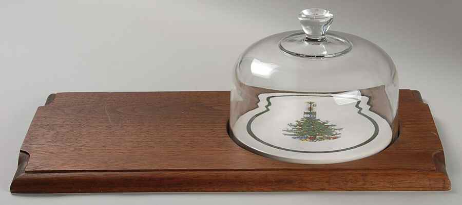Christmas Tree (Wide Green Band) Rectangular Wood Cheese & Cracker Set W/Glass Dome by Cuthbertson-1
