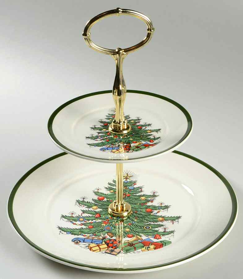 Christmas Tree (Wide Green Band) 2 Tiered Serving Tray (Dinner&Bread/Butter Plate) by Cuthbertson-1