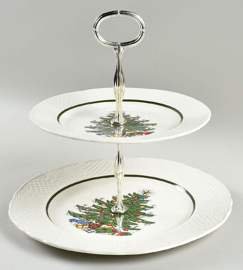 Dickens Embossed Christmas (Cream) 2 Tiered Serving Tray (Dinner & Salad Plate) by Cuthbertson-1