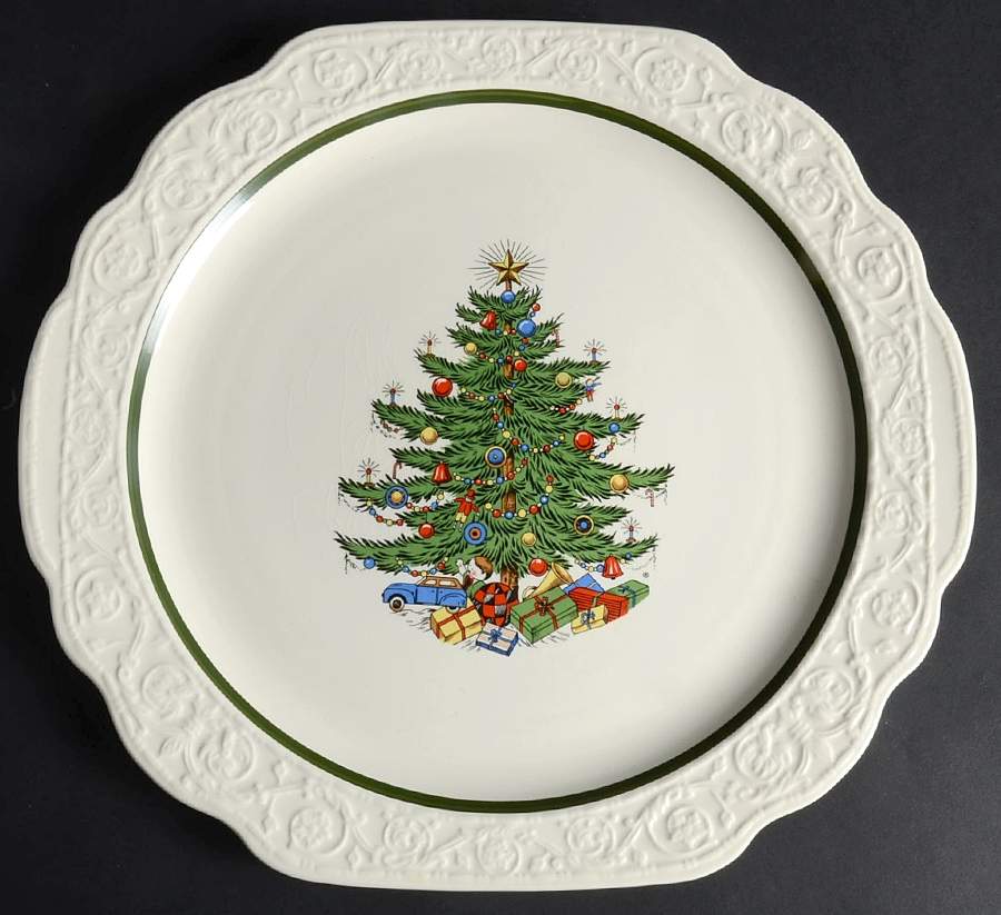 Dickens Embossed Christmas (Cream) Handled Cake Plate by Cuthbertson-1