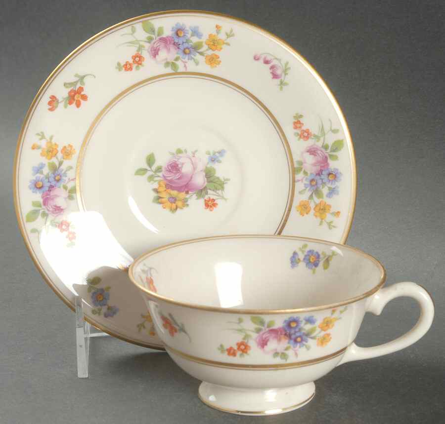 Floral Bouquet Footed Cup & Saucer Set by Coxon Belleek-1