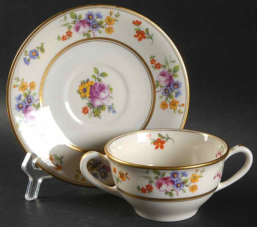 Floral Bouquet Flat Bouillon Cup & Saucer by Coxon Belleek-1