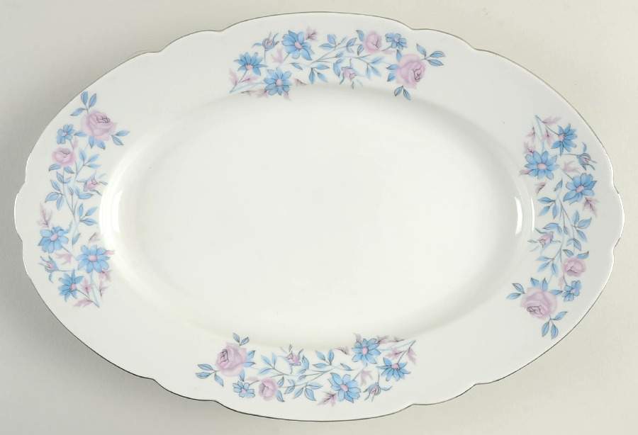 Gloria (Flowers, Platinum Trim) 13" Oval Serving Platter by Cmielow (Poland)-1