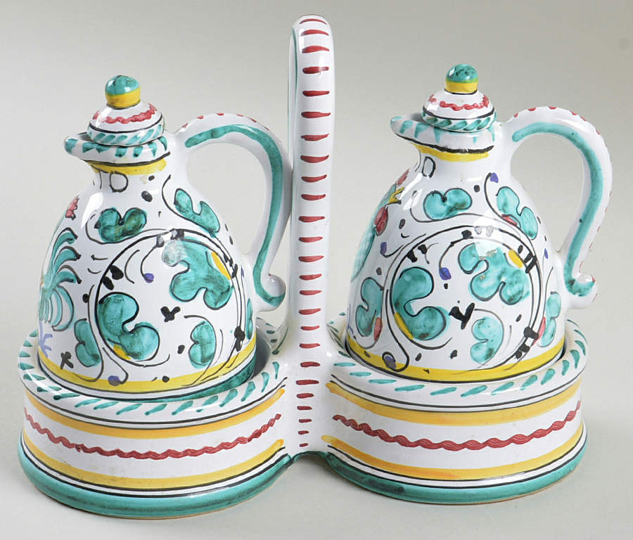 Orvieto Green Rooster Vinegar and Oil Tray Set by Cama (Deruta Italy)-1