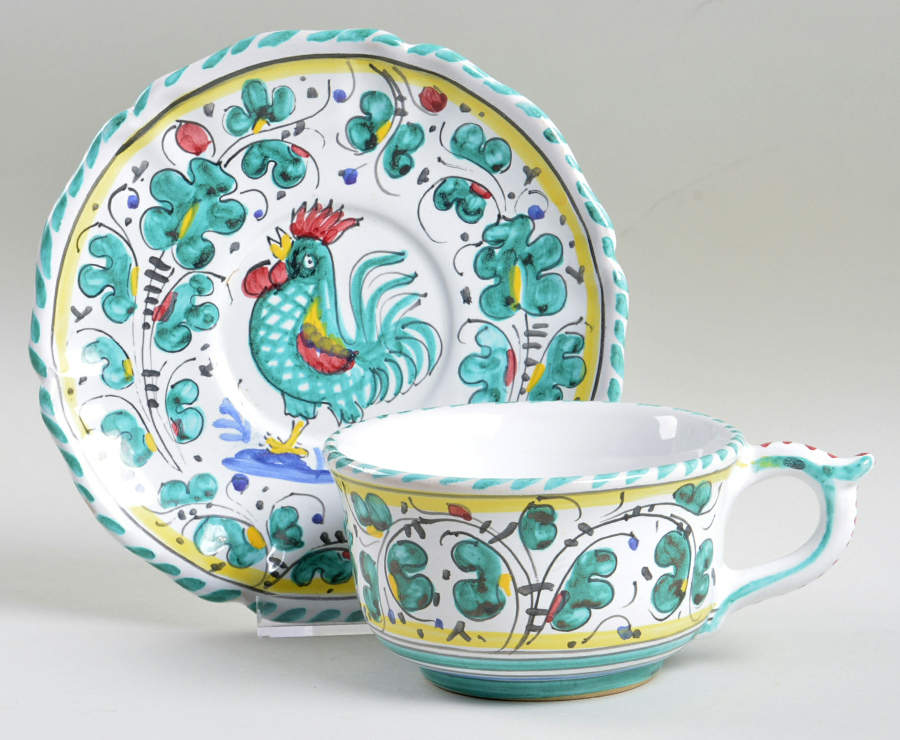 Orvieto Green Rooster Flat Cup & Saucer Set by Cama (Deruta Italy)-1