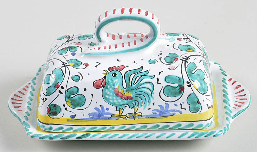 Orvieto Green Rooster Square Covered Butter by Cama (Deruta Italy)-1