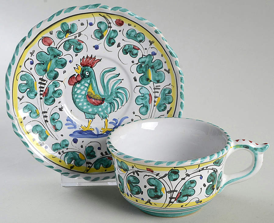 Orvieto Green Rooster Footed Cup & Saucer Set by Cama (Deruta Italy)-1