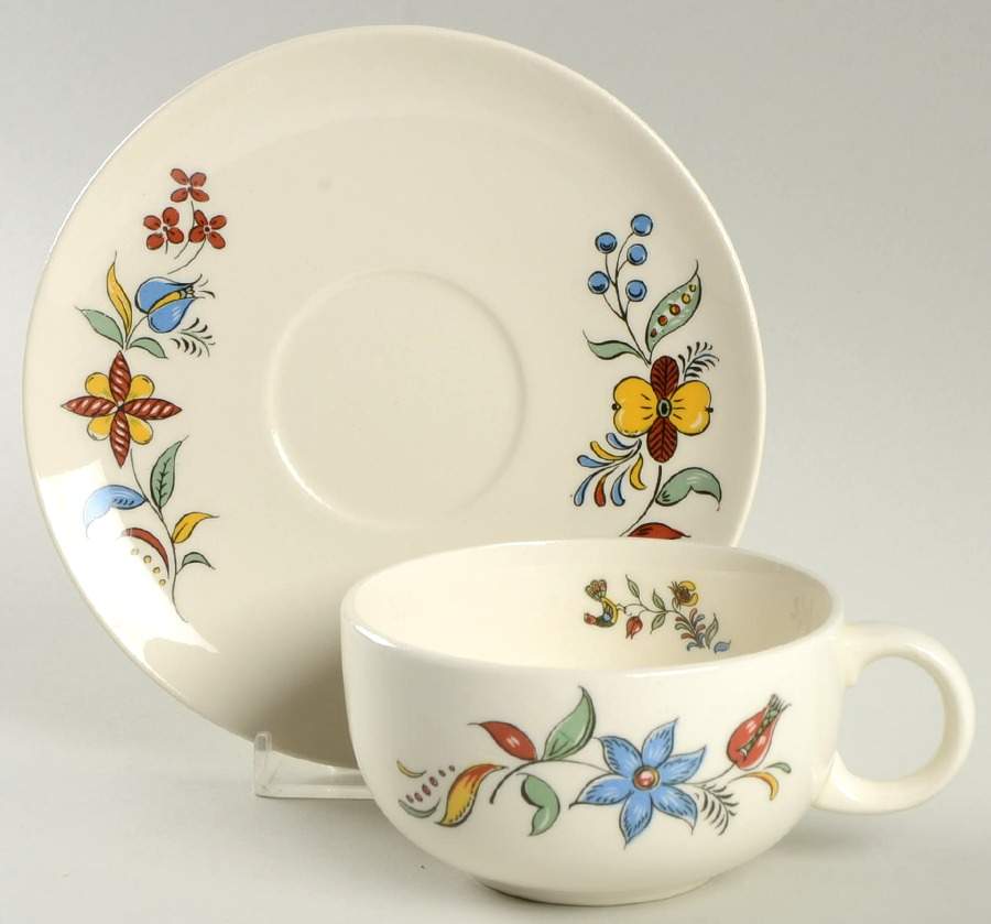 Dairy Maid (Iva Lure, Gold Trim) Flat Cup & Saucer Set by Crooksville-1