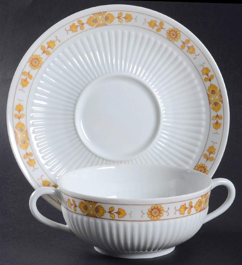 Medicis (Yellow) Flat Cream Soup Bowl & Saucer Set by Ceralene-1